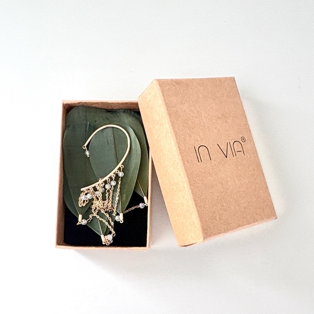 Green Feather Bejeweled Ear Cuff, Gold Hardware - Picture 5 of 5